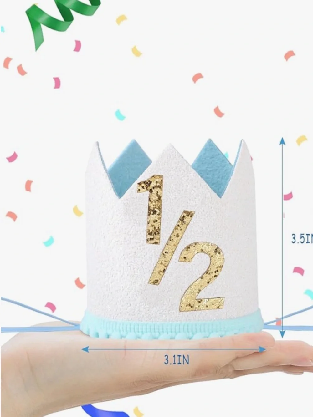 Half Birthday Party Hat, 1/2 Glitter Crown for 6-Month Baby blue nwt